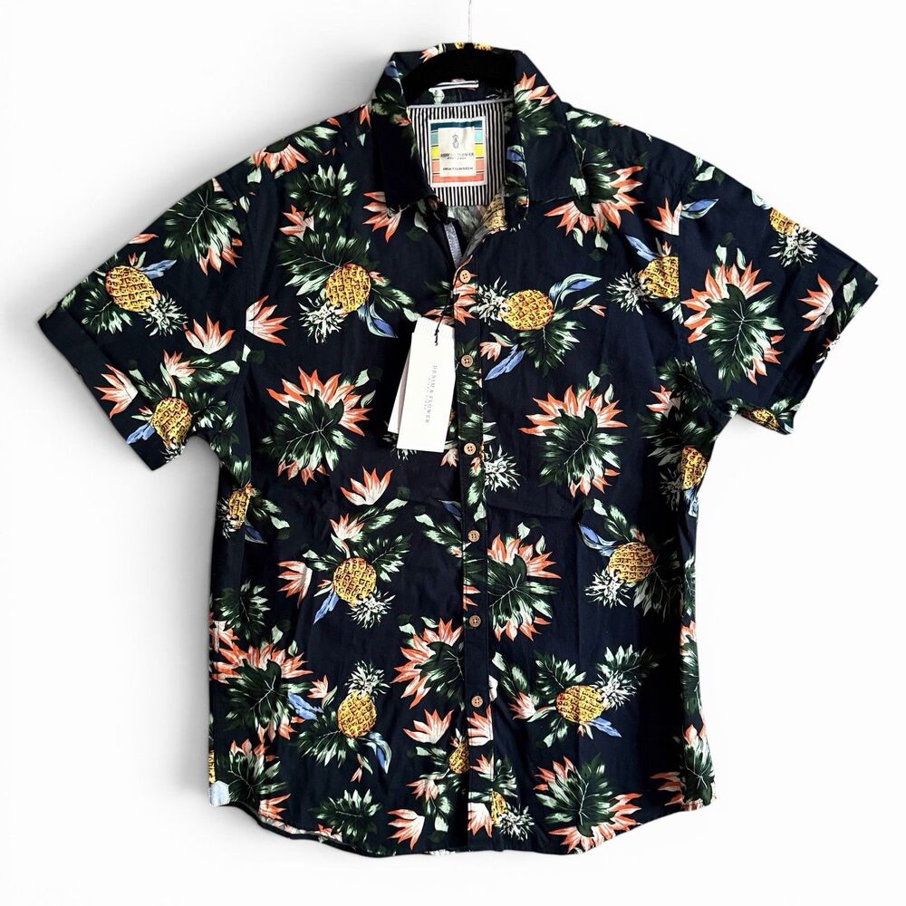 Denim & Flower Ricky Singh Navy Blue Pineapple Tropical Shirt Cotton Mens Size M